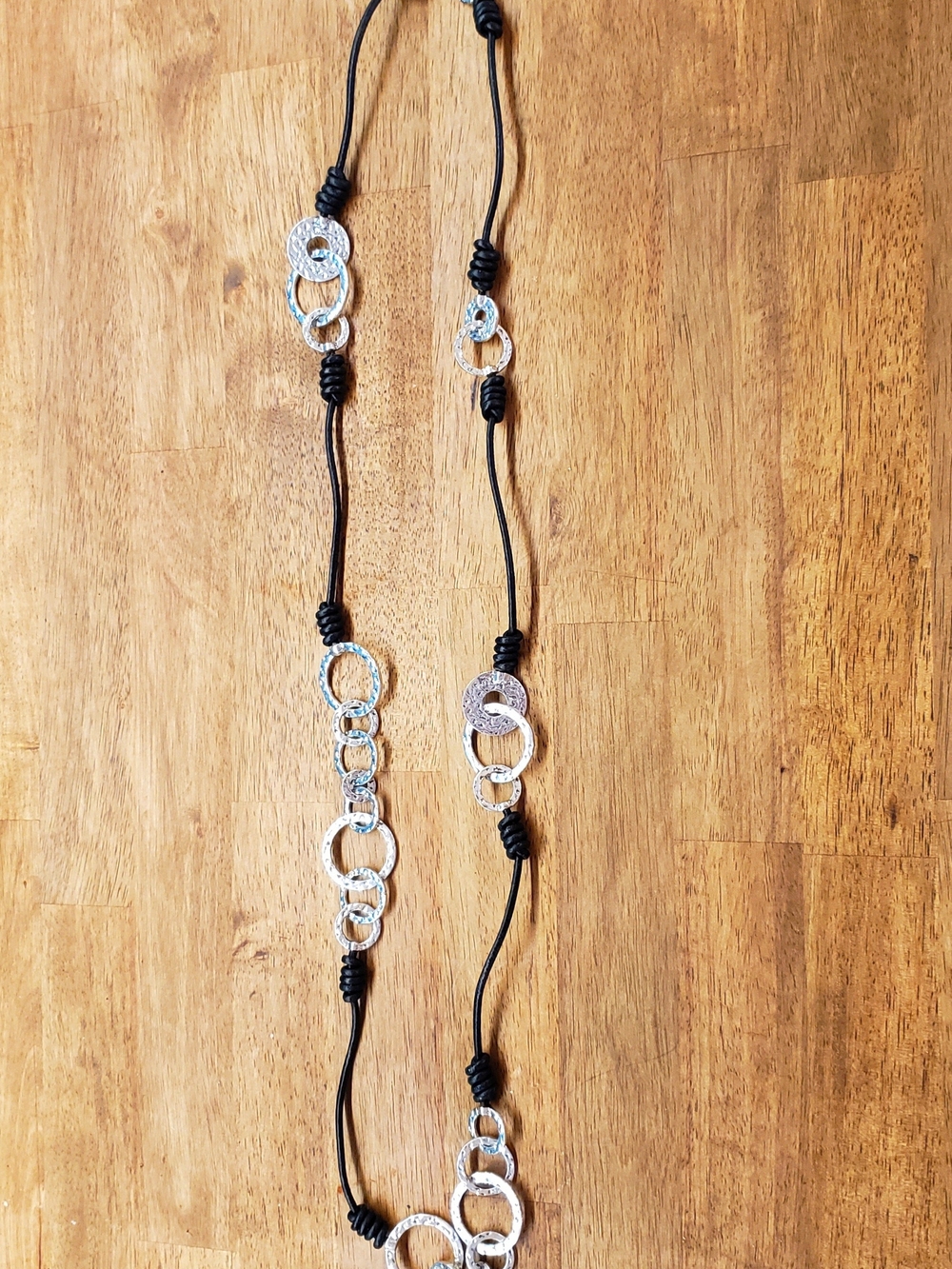 Silver Ring Link Long Necklace with Black Cord